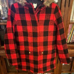 Red buffalo checked J Crew coat with fur hood